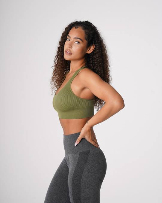 Women NVGTN Khaki Green Fitness Galaxy Ribbed Seamless Bra NV6T243